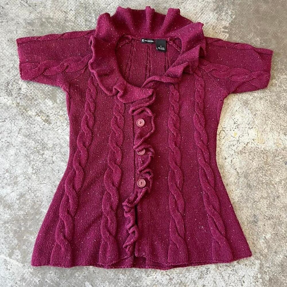 New Directions Maroon Cable Knit Cardigan Ruffle Trim Short Sleeve Sweater Small